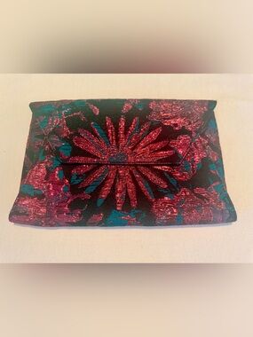 Vintage Trina Turk Metallic Floral Evening Clutch in Fuchsia and Teal